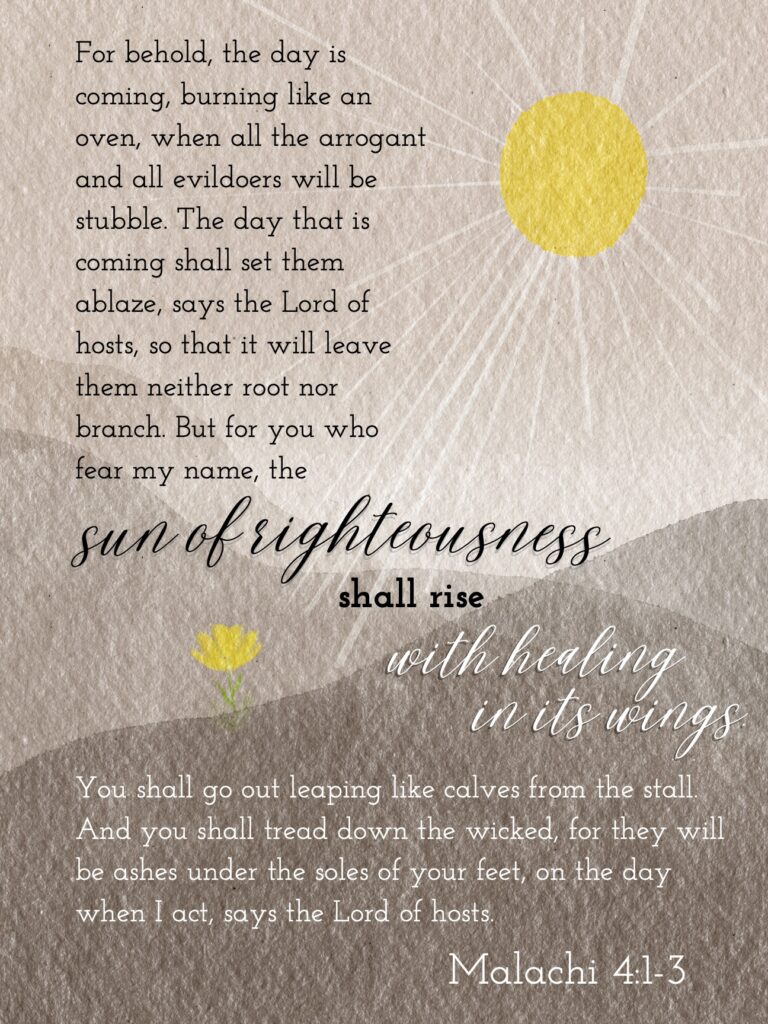 For behold, the day is coming, burning like an oven, when all the arrogant and all evildoers will be stubble. The day that is coming shall set them ablaze, says the Lord of hosts, so that it will leave them neither root nor branch. But for you who fear my name, the sun of righteousness shall rise with healing in its wings. You shall go out leaping like calves from the stall. And you shall tread down the wicket, for they will be ashes under the soles of your feet, on the day when I act, says the Lord of hosts. Malachi 4:1-3